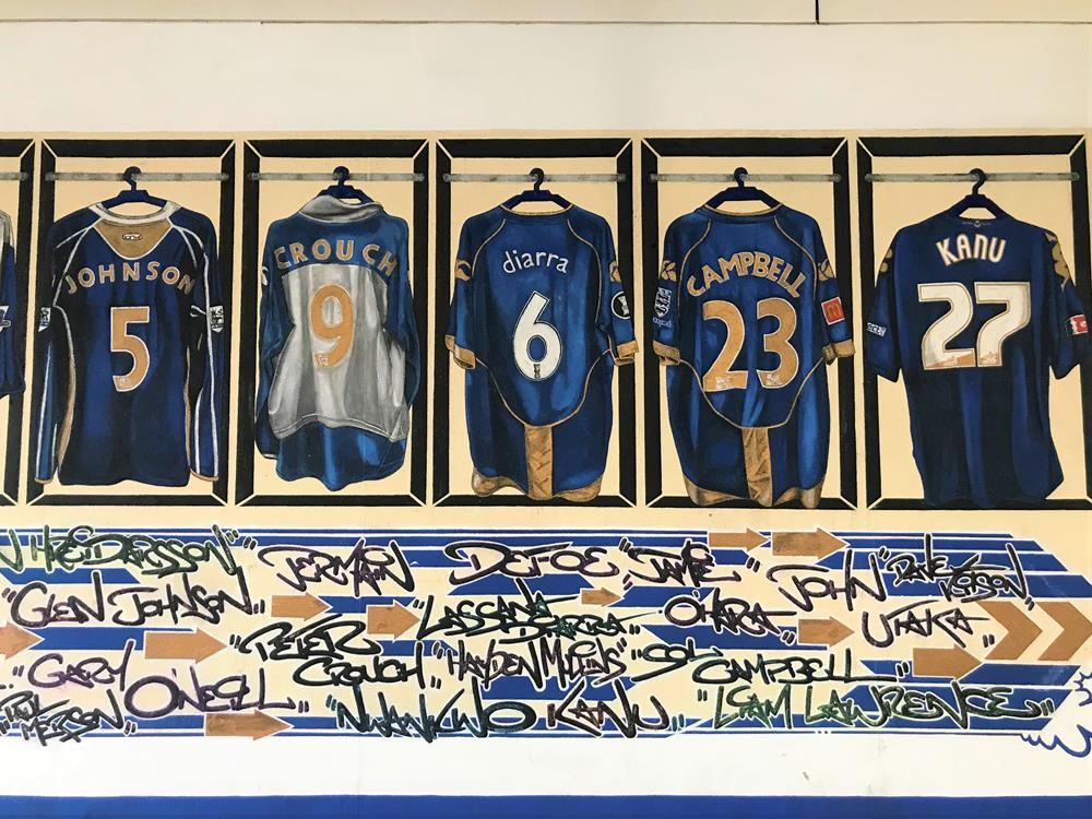 Portsmouth football shirts mural which includes Glen Johnson, Peter Crouch, Lassana Diarra, Sol Campbell and Kanu, painted by Nigel Sharman AKA AceOne Designs.
