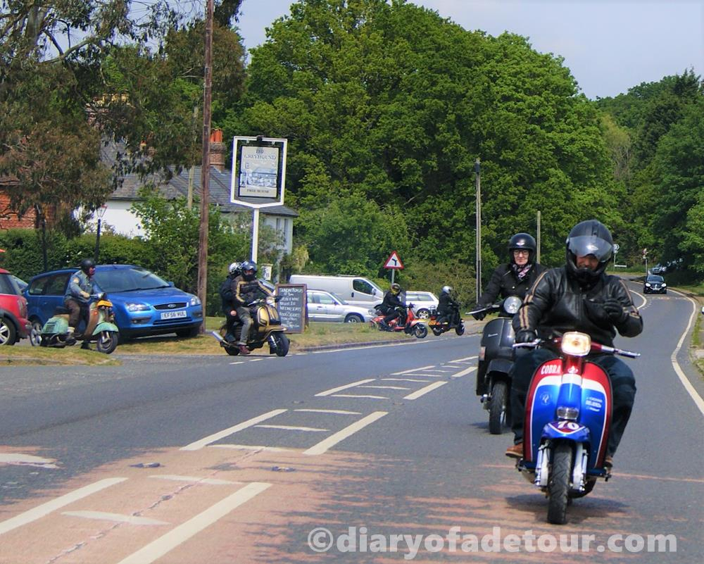 Scooters leaving a pub to ride home