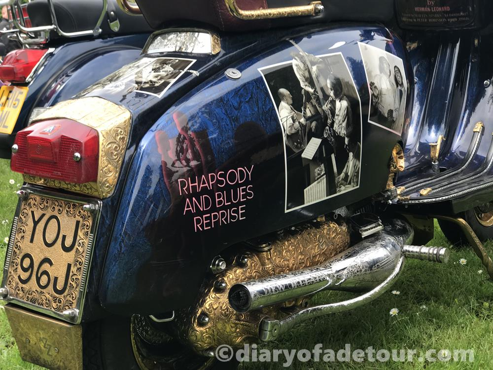 Engraved, gold and chrome plated exhause, engine and number plate of Rhapsody and Blues Reprise custom Lambretta