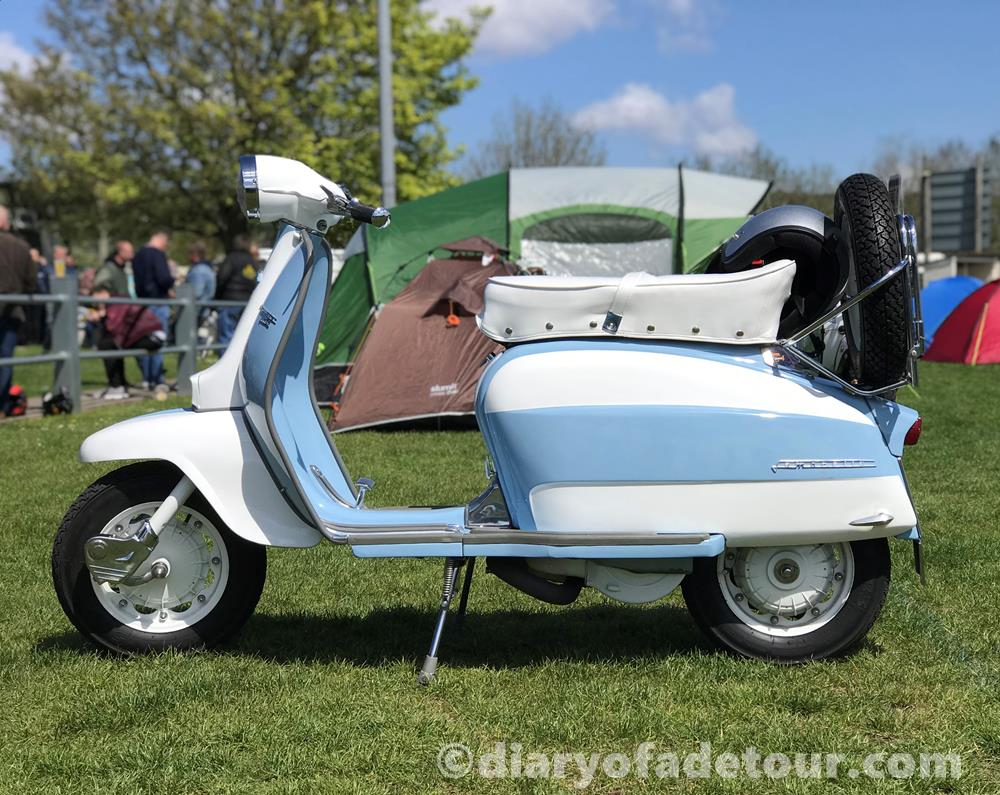 Blue and white Lambretta scooter
