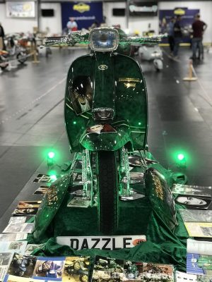 Dazzle-Lambretta-Scooter-Expo-2019 (2) Front view of Dazzle, the green custom Lambretta on show at Scooter Expo in Alfreton
