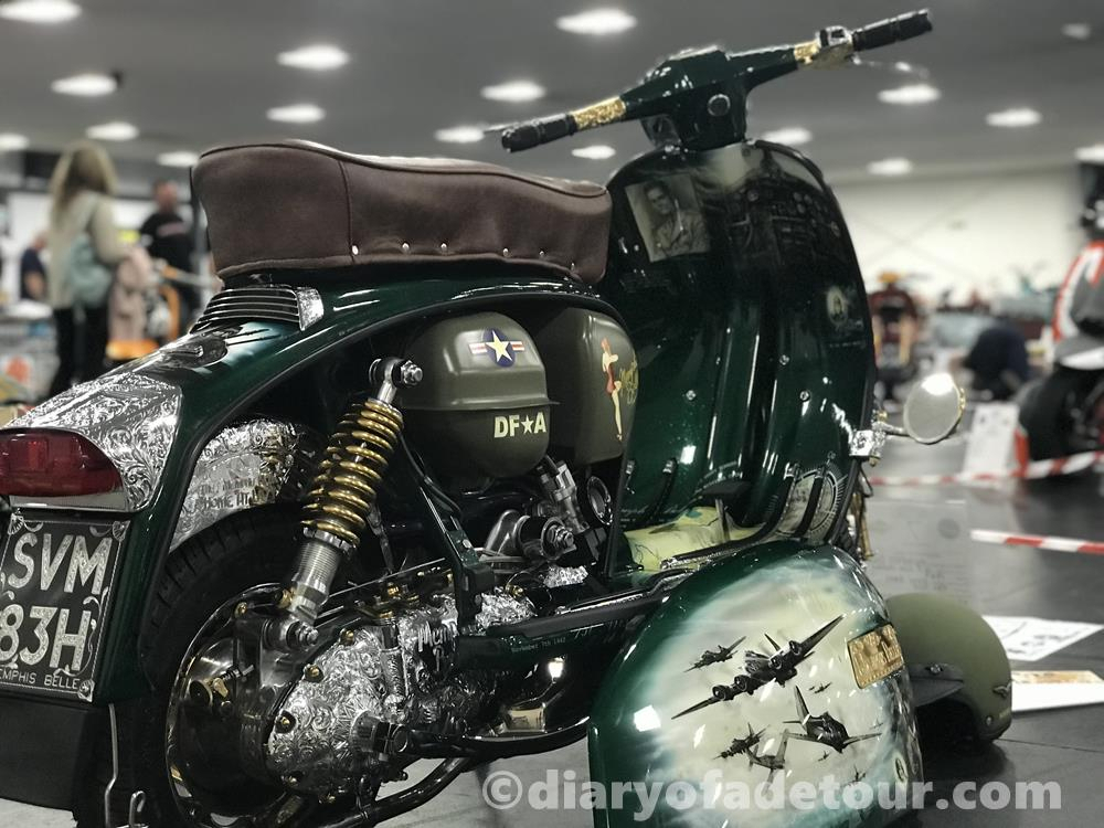 Side view of Memphis Belle, the custom lambretta at Scooter Expo in 2019