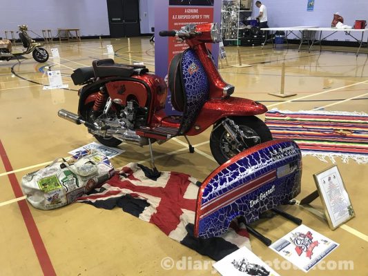 Rule-Britannia-Lambretta-custom-show Red and blue custom Lambretta Rule Britannia on display at Scooter Expo.