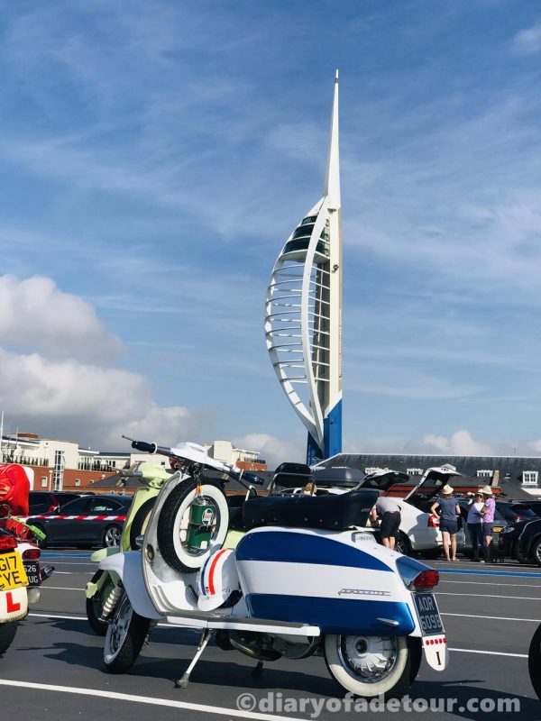 Blue and white Lambretta in front of the Spinnaker Tower, Portsmouth