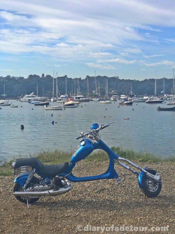 Meat Is Murder Lambretta chopper at Bembridge harbour with boats in the background