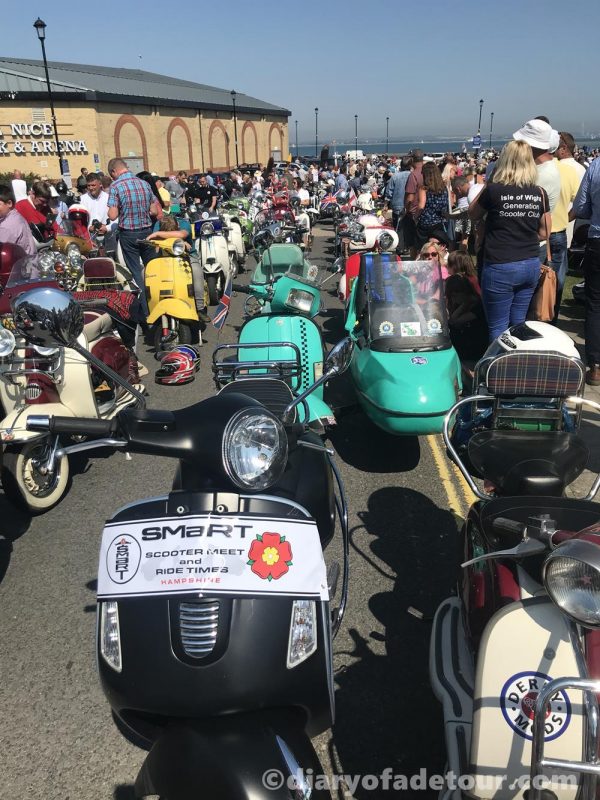 Scooters lined up for the annual rideout next to Ryde Ice rink