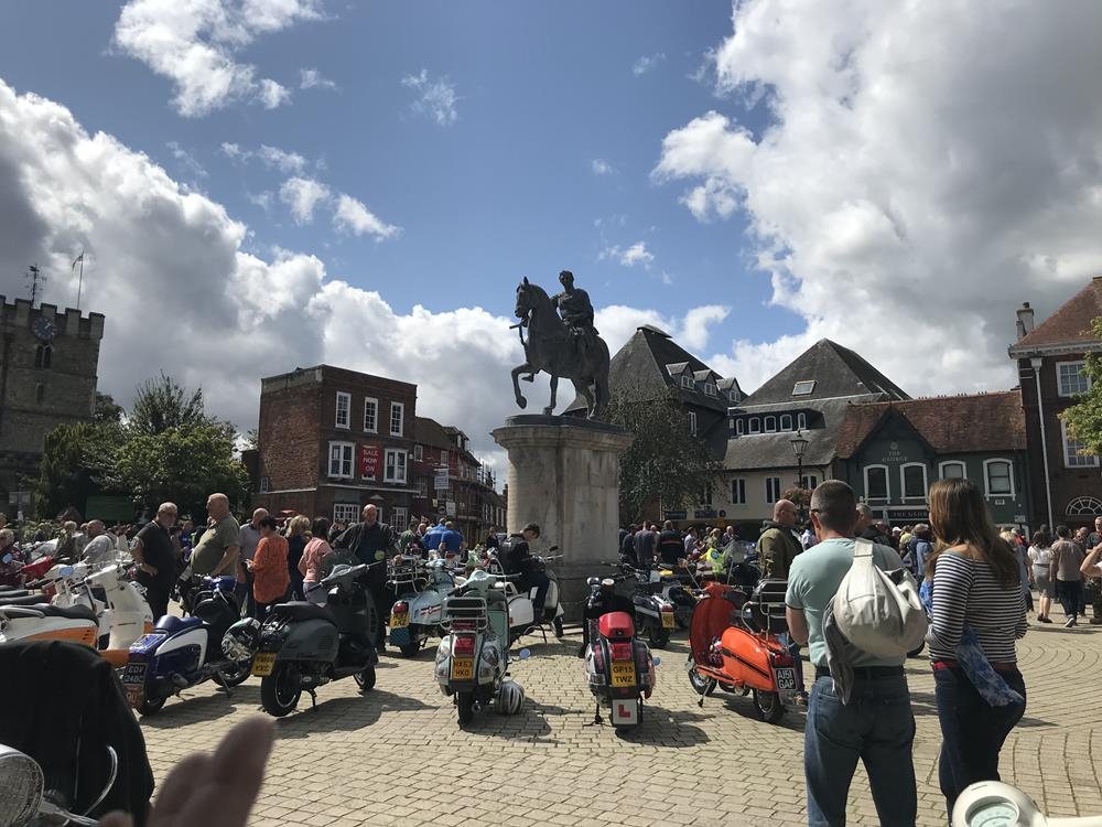 Scooters gathered in the market square, Petersfield