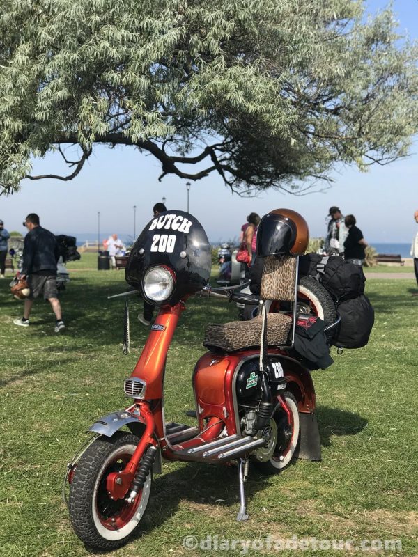 Skeleton Lambretta with Butch 200 text on the flyscreen and a leopardskin seat and backrest