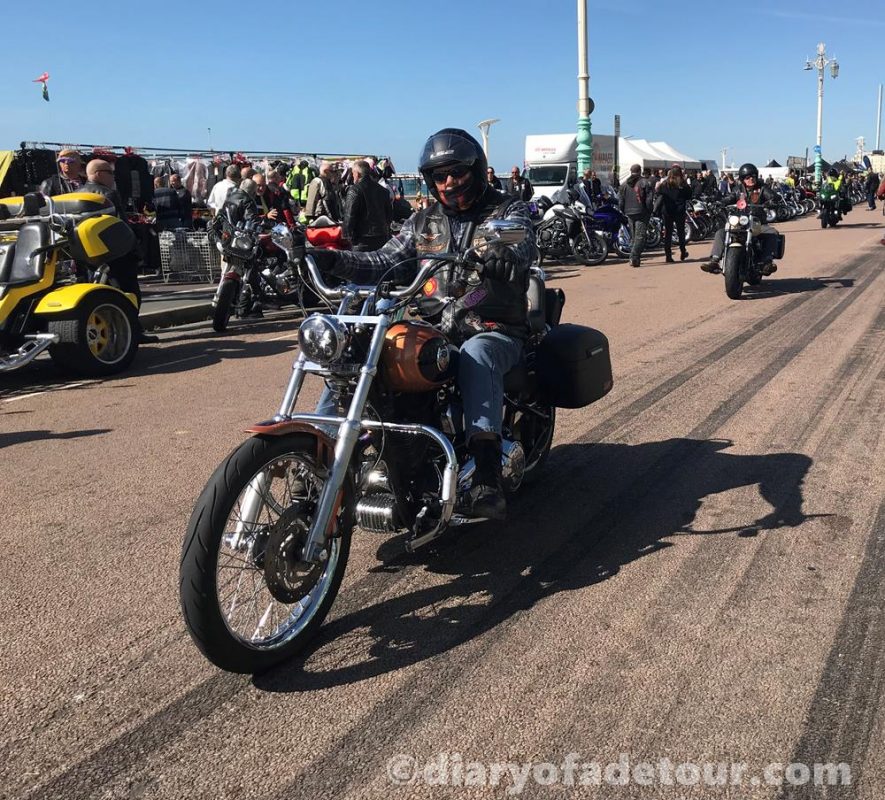Motorcycle rider in Brighton at the Ace Cafe Burn Up in 2019