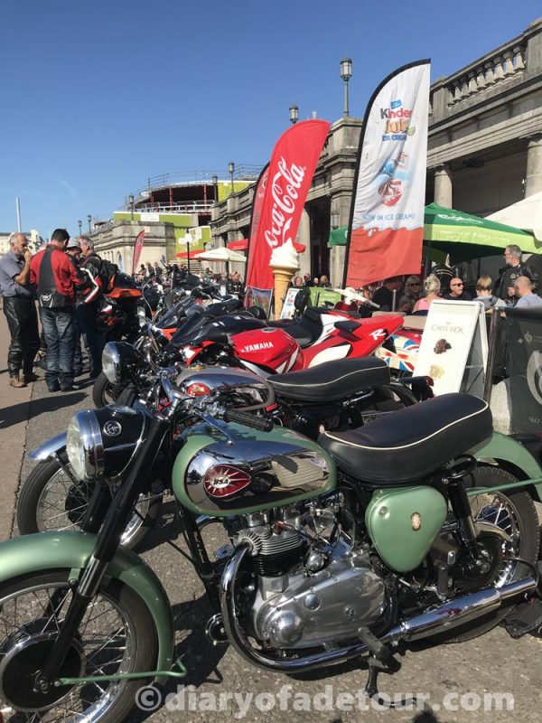 Green BSA motorbike parked with others in Madeira Drive at the Ace Cafe Brighton Burn Up
