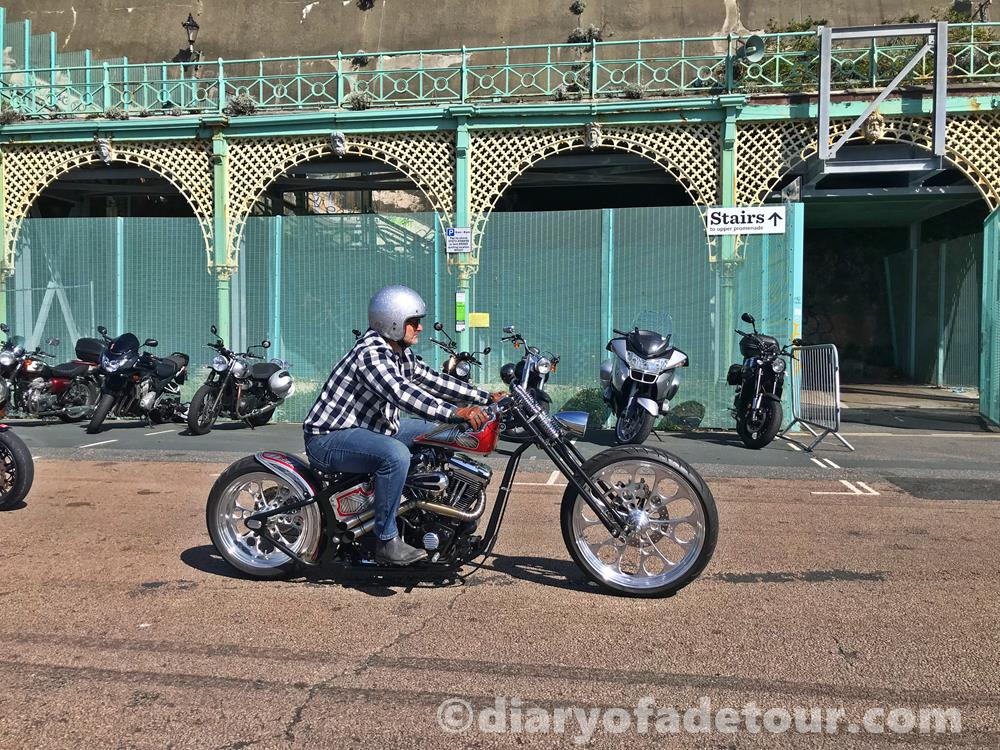 Motorcycle chopper riding at the Ace Cafe Burn Up in Brighton