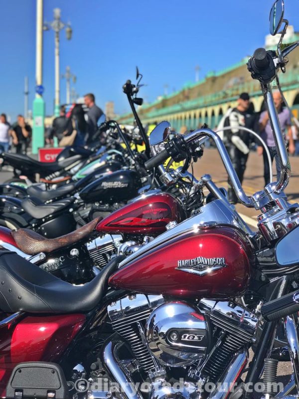 Row of Harley Davidson motorbikes at the Ace Cafe Brighton Burn Up