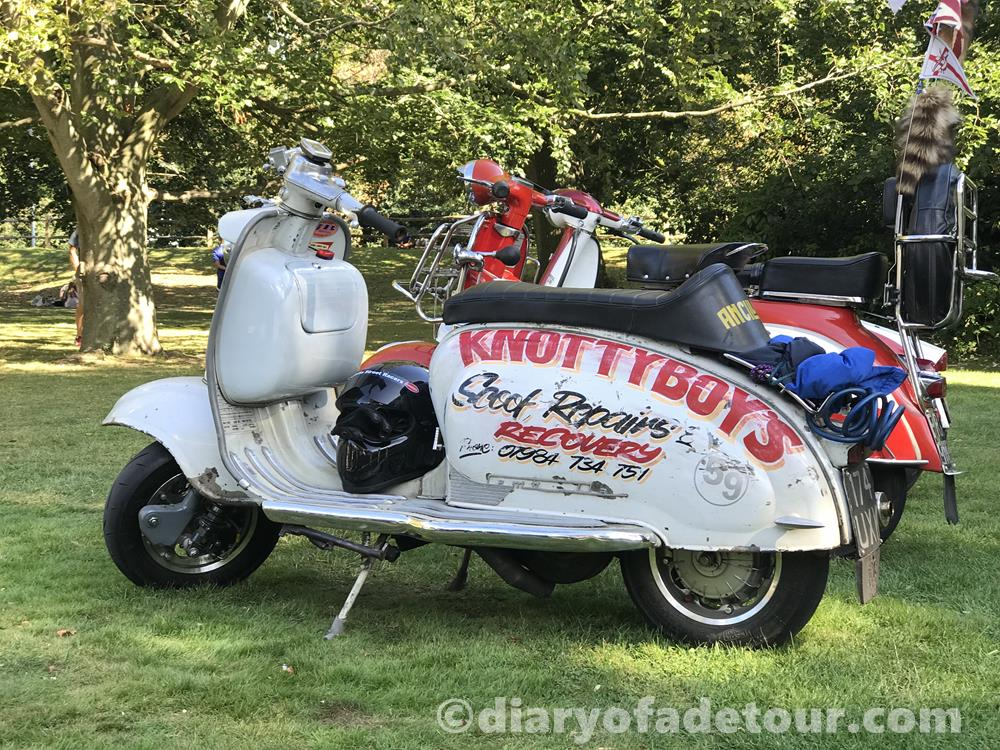 Signwritten Lambretta with 'Knottyboys' text on the side panel