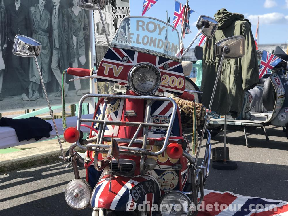 Union Jack Lambretta owned by Roy from South East London featuring lights and mirrors.  On display on the prom in Brighton at the Ace Cafe burn up.