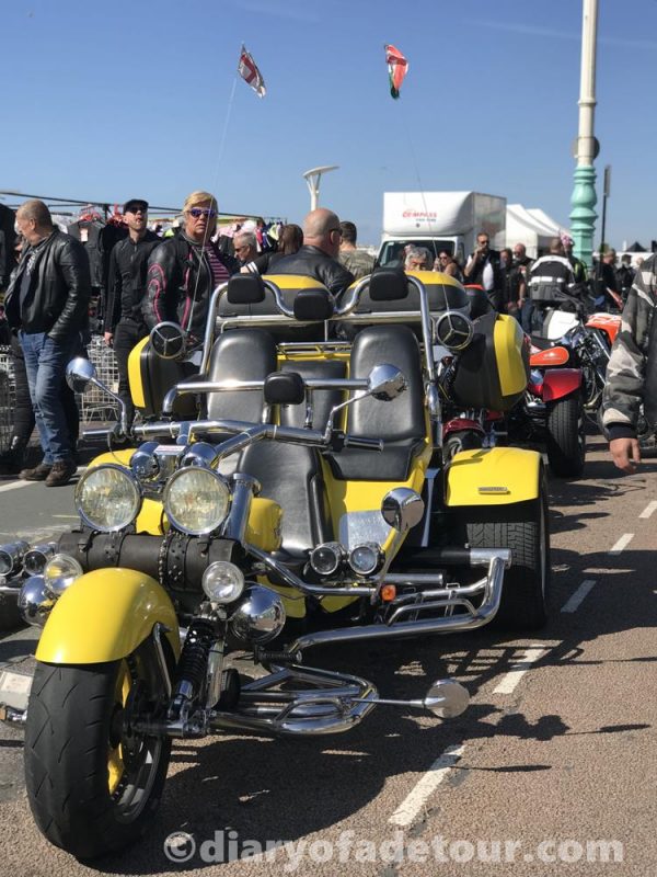 Yellow trike at the Ace Cafe Brighton Burn Up in Madeira Drive