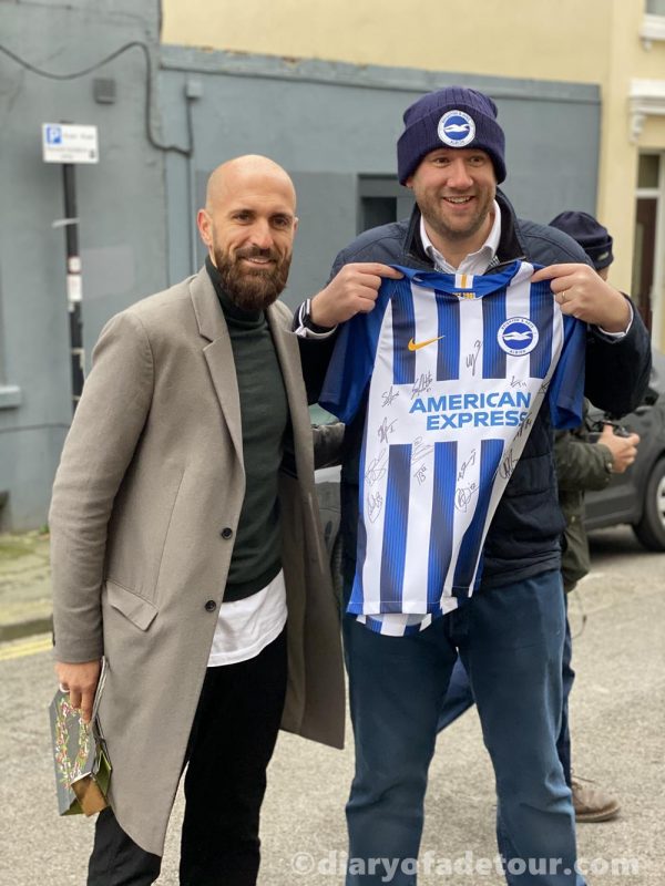 Bruno Saltor with Rob Hill and a signed Brighton football shirt