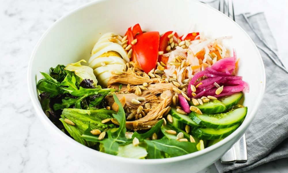 Bowl of healthy food arranged as a buddha bowl