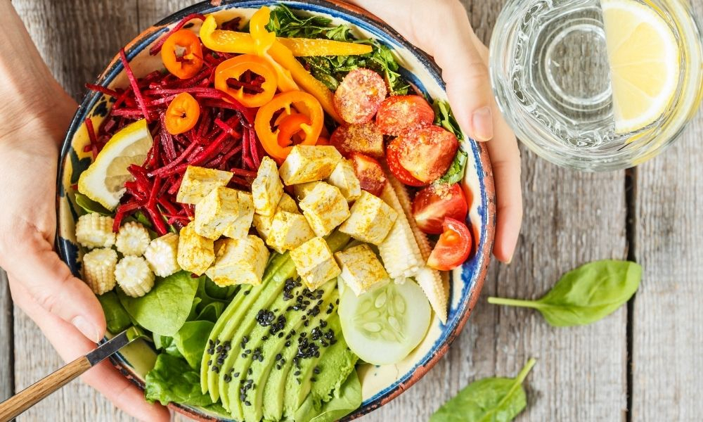 pair of hands holding a colourful buddha bowl