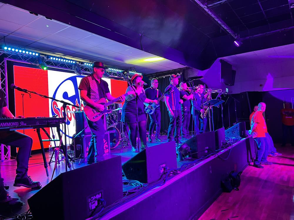The Decatonics ska band on stage at the Warmwell scooter rally in 2021