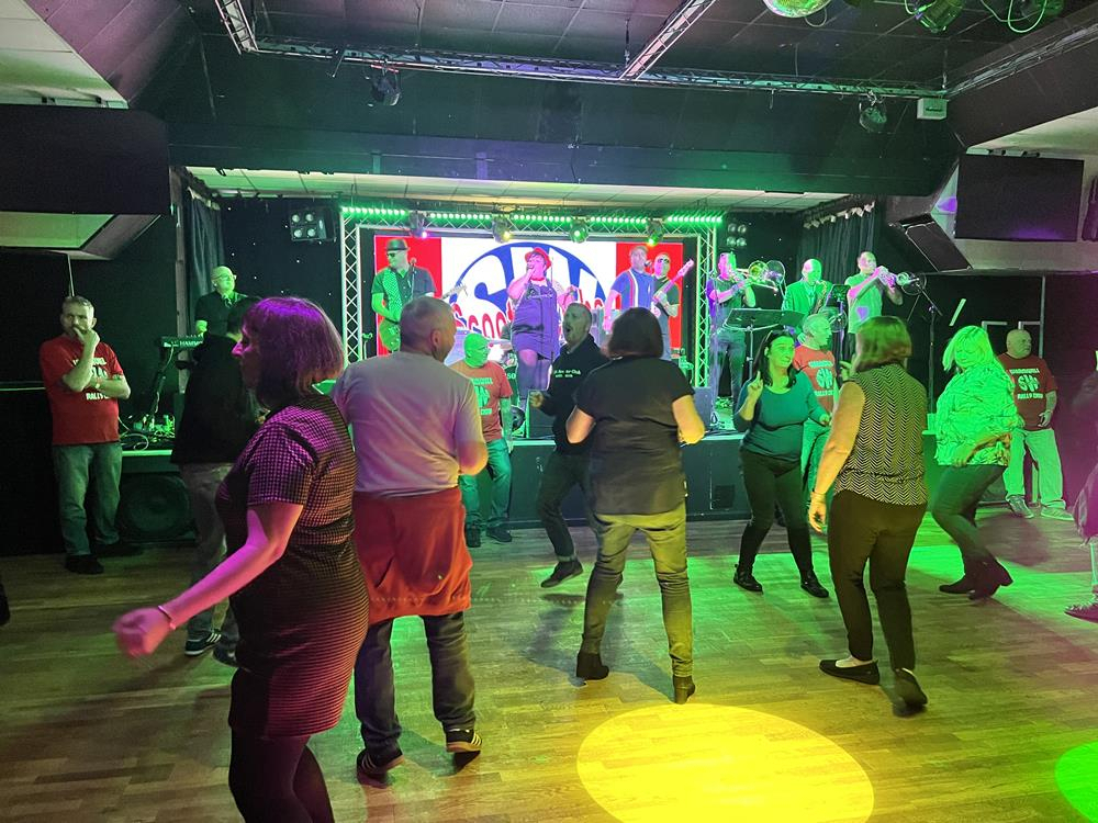 The Decatonics ska band on stage at the Warmwell scooter rally in 2021