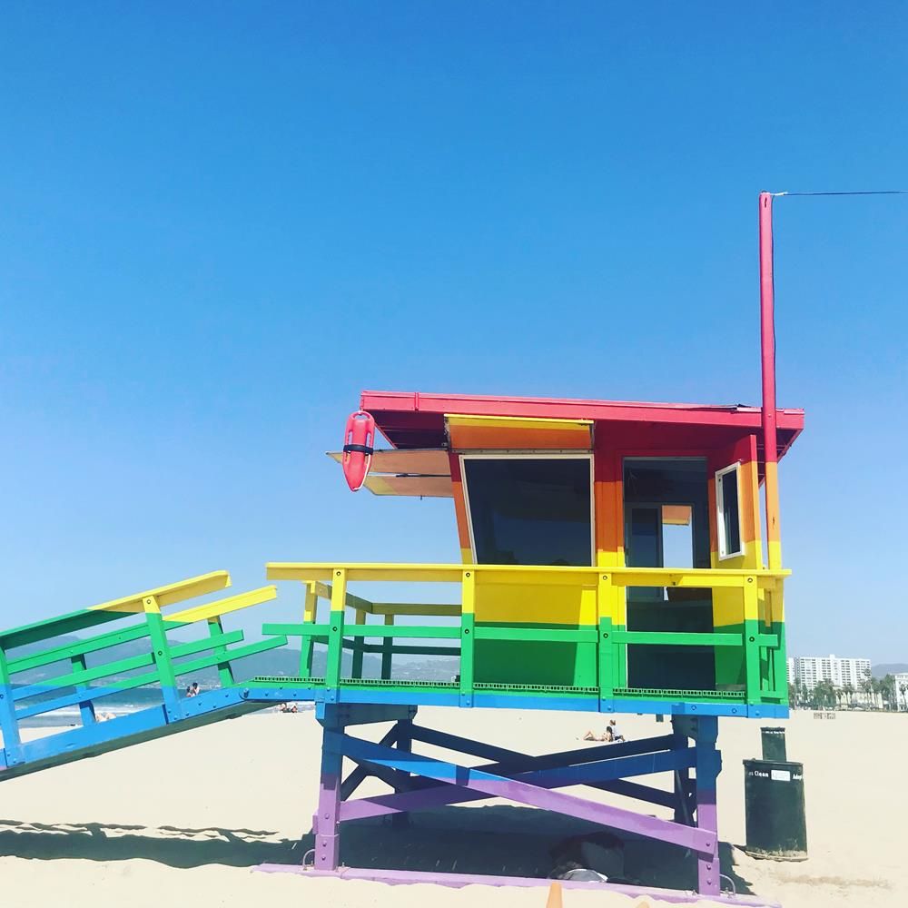 Rainbow painted lifeguard station on Venice Beach